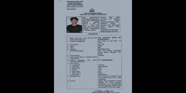 DPO Aldi Syahputra Oleh Kanit Reskrim Polsek Gunung Meriah Polres Aceh Singkil