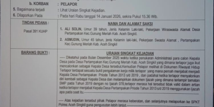 ‎Diduga Palsukan Dokumen, Kepala Desa Di Aceh Singkil Di Lapor Polisi